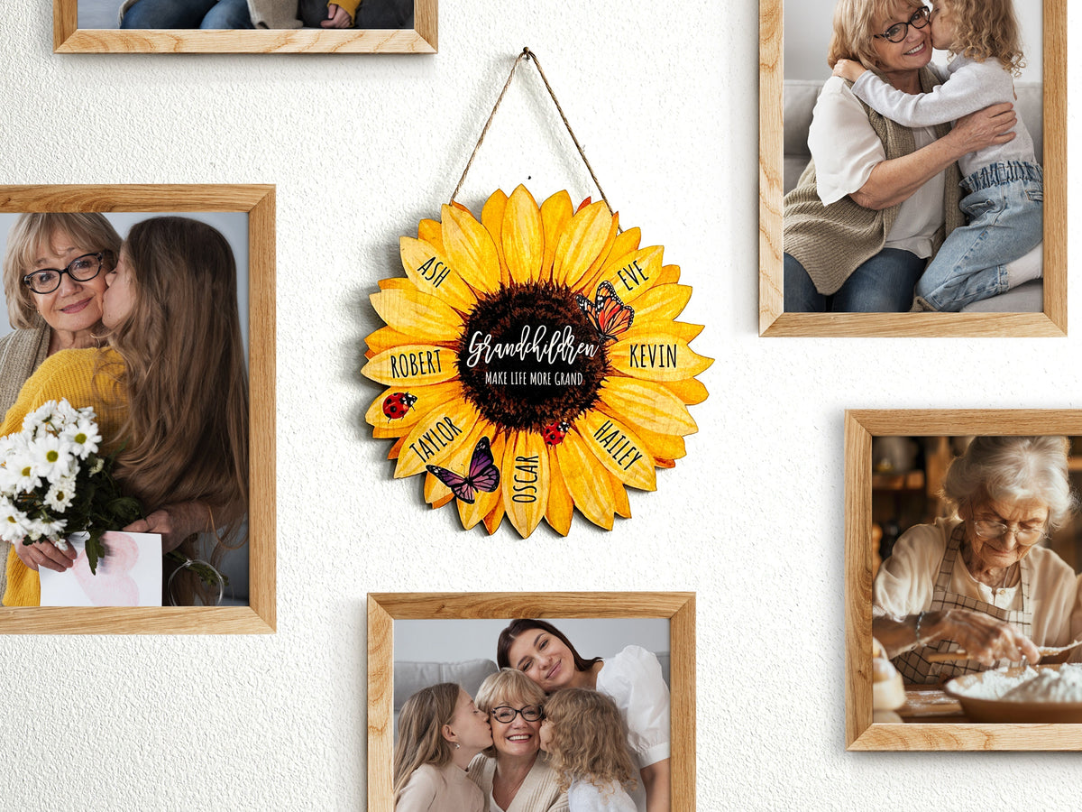 Grandma Gifts, Grandma's Garden Sunflower Wood Sign with Butterfly, Grandkids Name Wood Wall Art Sign for Mom, Nana, Gift for Grandma
