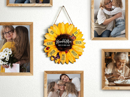 Grandma Gifts, Grandma's Garden Sunflower Wood Sign with Butterfly, Grandkids Name Wood Wall Art Sign for Mom, Nana, Gift for Grandma