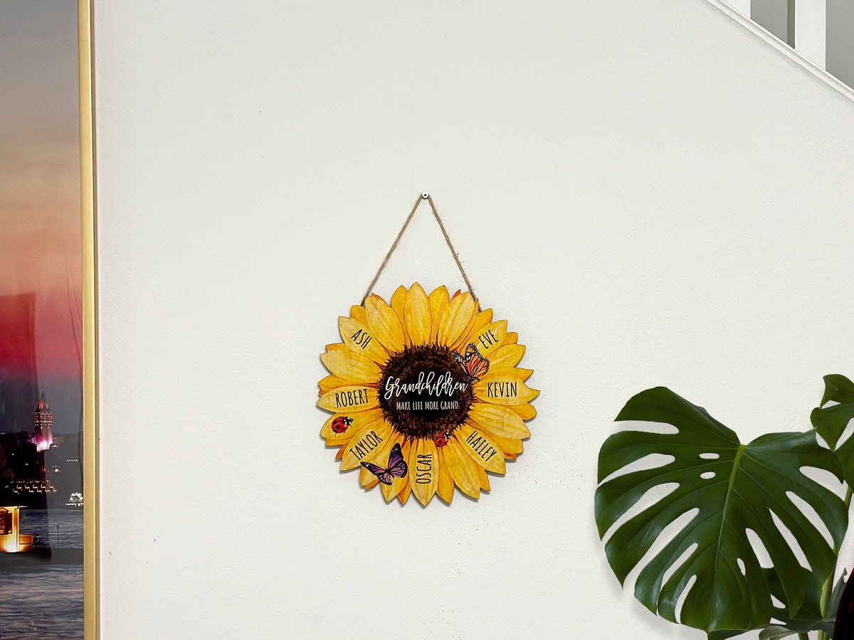 Grandma Gifts, Grandma's Garden Sunflower Wood Sign with Butterfly, Grandkids Name Wood Wall Art Sign for Mom, Nana, Gift for Grandma
