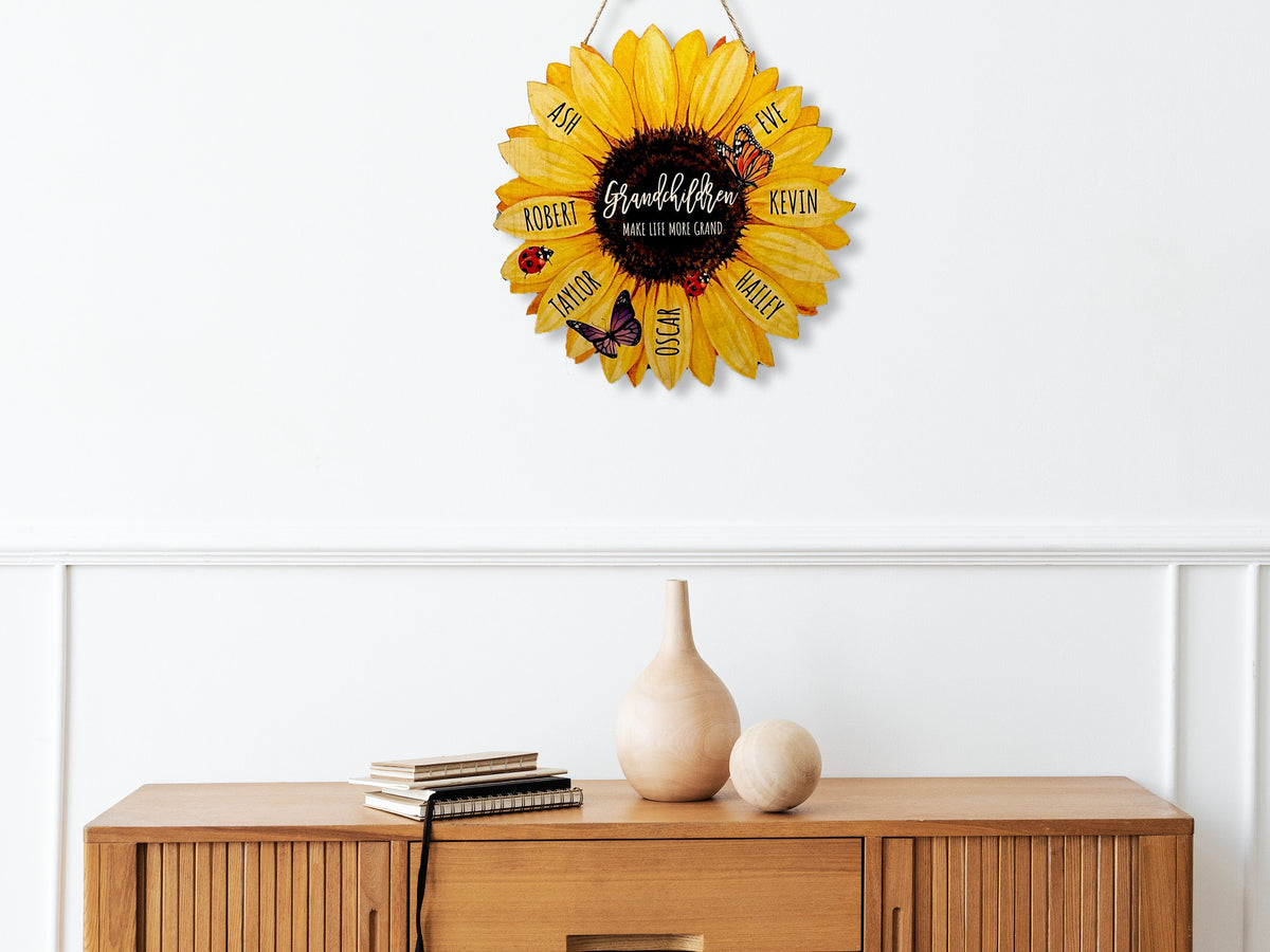 Grandma Gifts, Grandma's Garden Sunflower Wood Sign with Butterfly, Grandkids Name Wood Wall Art Sign for Mom, Nana, Gift for Grandma