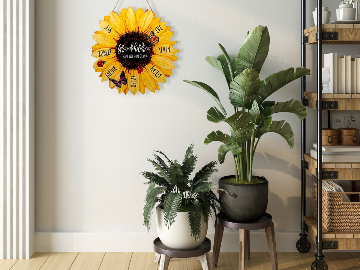 Grandma Gifts, Grandma's Garden Sunflower Wood Sign with Butterfly, Grandkids Name Wood Wall Art Sign for Mom, Nana, Gift for Grandma