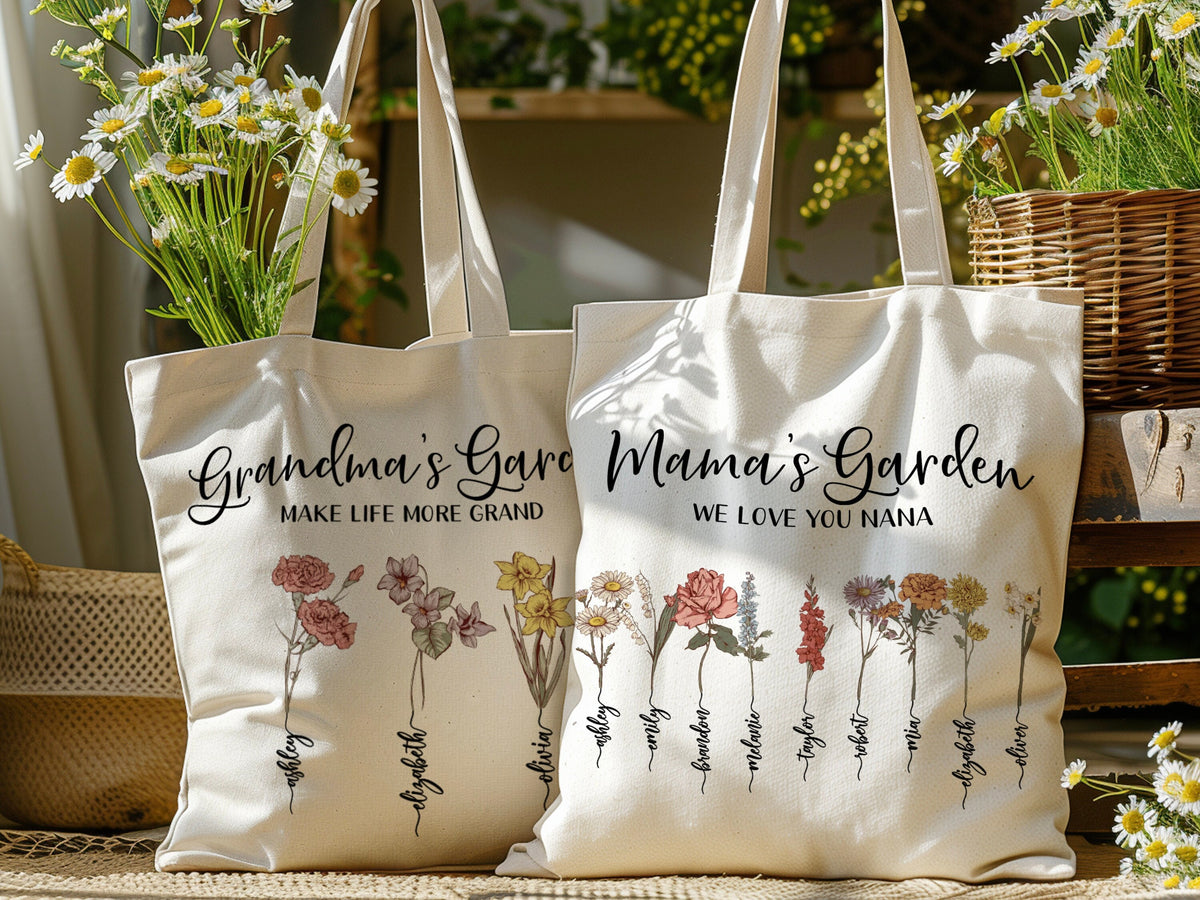 Grandma Gift, Personalized Gifts for Mom, Custom Grandmas Garden Grocery Bag with Grandkids Name, Tote Bag for Mother's Day Gifts for Her