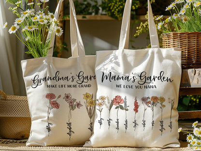 Grandma Gift, Personalized Gifts for Mom, Custom Grandmas Garden Grocery Bag with Grandkids Name, Tote Bag for Mother's Day Gifts for Her