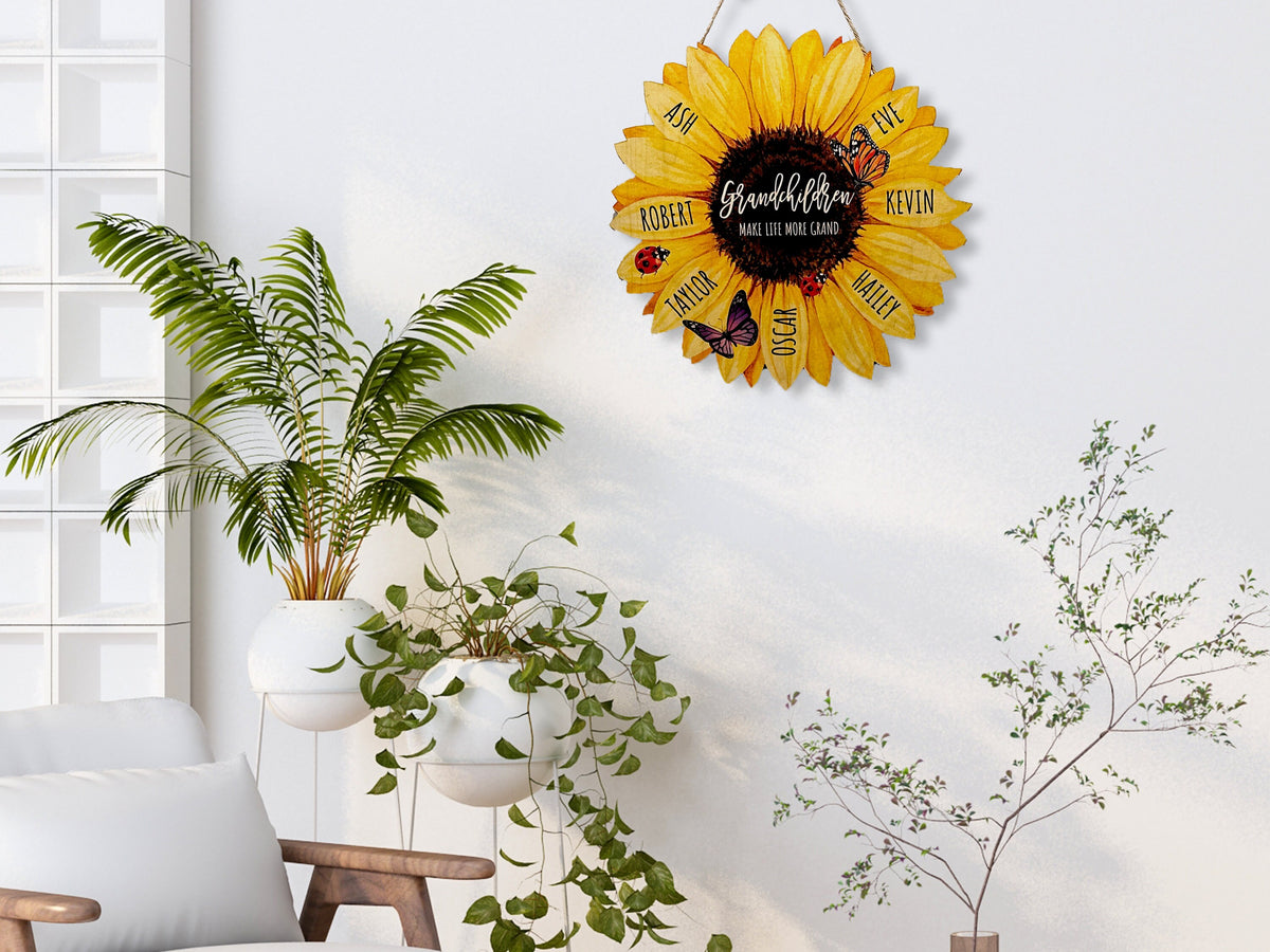 Grandma Gifts, Grandma's Garden Sunflower Wood Sign with Butterfly, Grandkids Name Wood Wall Art Sign for Mom, Nana, Gift for Grandma