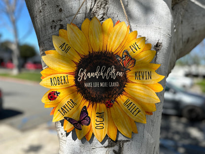 Grandma Gifts, Grandma's Garden Sunflower Wood Sign with Butterfly, Grandkids Name Wood Wall Art Sign for Mom, Nana, Gift for Grandma