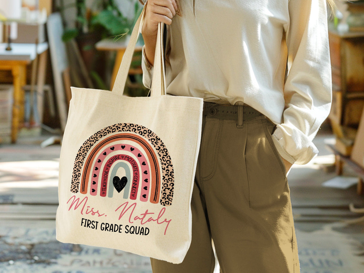 Custom Teacher Tote Bag, Teacher Appreciation Gift Bag, Teacher Name Gift Bag, Custom Teacher Gift, Boho Rainbow Tote Bag, Gift For Teacher
