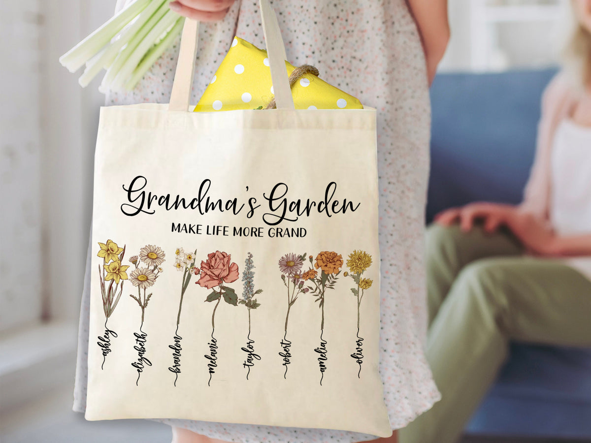 Grandma Gift, Personalized Gifts for Mom, Custom Grandmas Garden Grocery Bag with Grandkids Name, Tote Bag for Mother's Day Gifts for Her