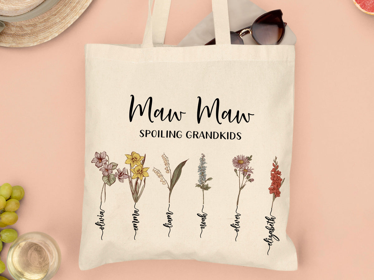 Grandma Gift, Personalized Gifts for Mom, Custom Grandmas Garden Grocery Bag with Grandkids Name, Tote Bag for Mother's Day Gifts for Her