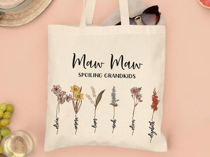 Grandma Gift, Personalized Gifts for Mom, Custom Grandmas Garden Grocery Bag with Grandkids Name, Tote Bag for Mother's Day Gifts for Her