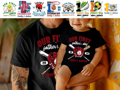 Personalized First Fathers Day Baseball Matching Daddy Baby Bodysuit, Custom Our First Fathers Day, Sports Baby Bodysuit, Matching Dad Baby