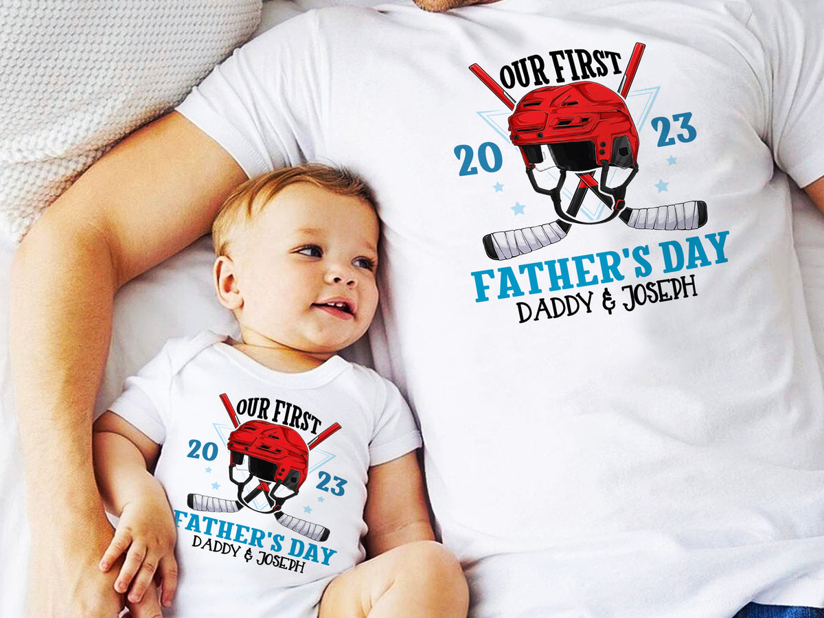 Personalized First Fathers Day Baseball Matching Daddy Baby Bodysuit, Custom Our First Fathers Day, Sports Baby Bodysuit, Matching Dad Baby