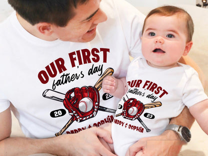 Personalized First Fathers Day Baseball Matching Daddy Baby Bodysuit, Custom Our First Fathers Day, Sports Baby Bodysuit, Matching Dad Baby