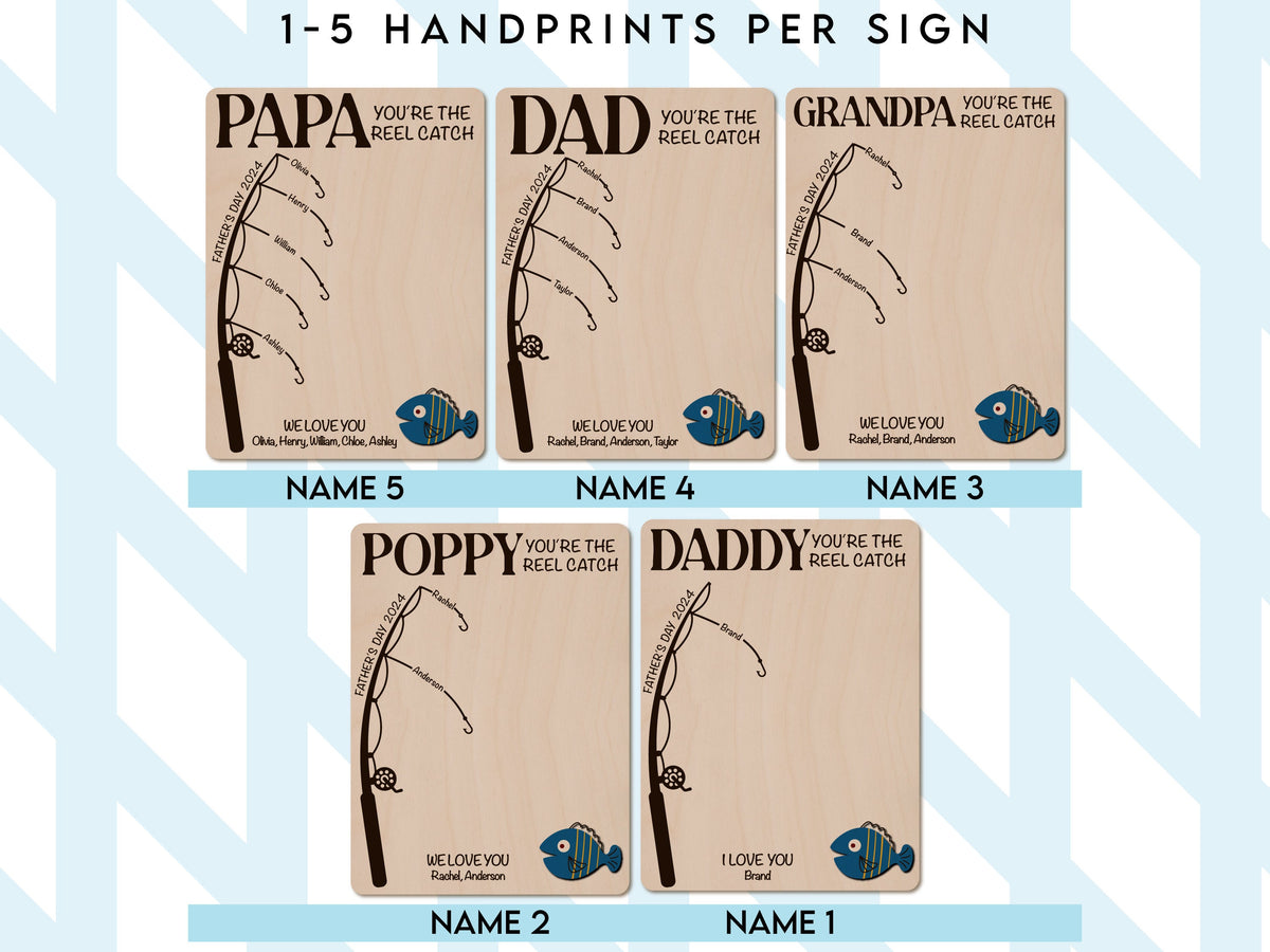 Personalized Fishing Handprint Sign for Dad, DIY Handprint Fishing Sign for Fathers Day, Customizable Fishing Sign with Grandkids Handprints