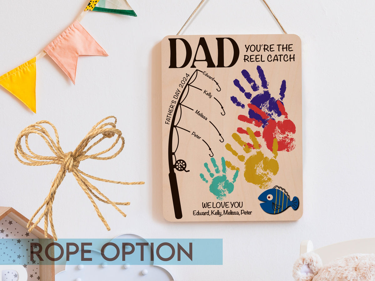 Personalized Fishing Handprint Sign for Dad, DIY Handprint Fishing Sign for Fathers Day, Customizable Fishing Sign with Grandkids Handprints