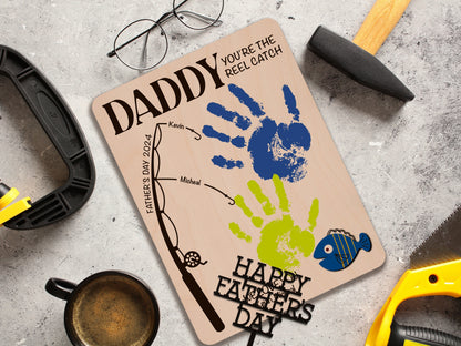 Personalized Fishing Handprint Sign for Dad, DIY Handprint Fishing Sign for Fathers Day, Customizable Fishing Sign with Grandkids Handprints