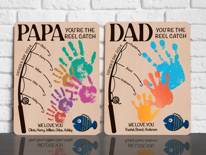 Personalized Fishing Handprint Sign for Dad, DIY Handprint Fishing Sign for Fathers Day, Customizable Fishing Sign with Grandkids Handprints
