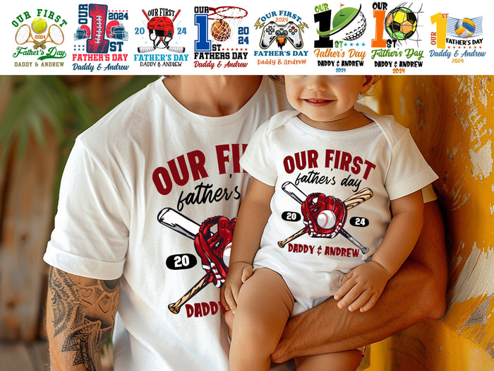 Personalized First Fathers Day Baseball Matching Daddy Baby Bodysuit, Custom Our First Fathers Day, Sports Baby Bodysuit, Matching Dad Baby