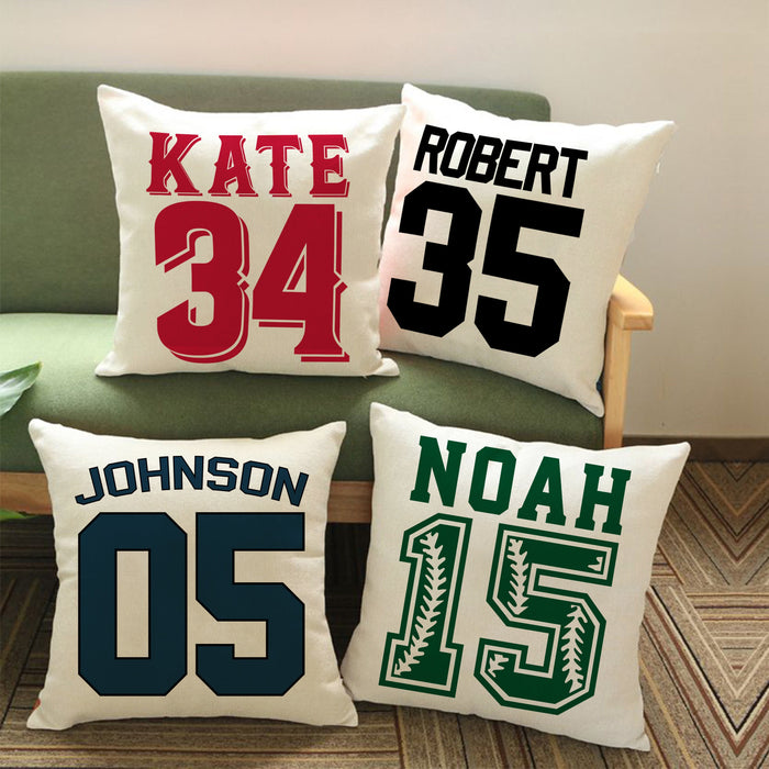 Personalized Sports Throw Pillow Cover Décor w/Number & Name - Customized Baseball Basketball Football Soccer Pillow Case, Home Decorations