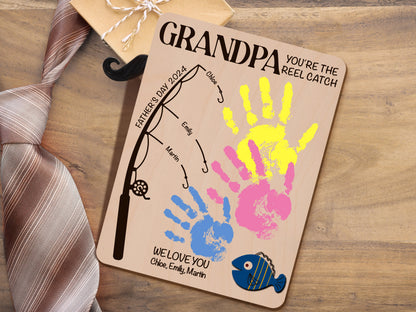 Personalized Fishing Handprint Sign for Dad, DIY Handprint Fishing Sign for Fathers Day, Customizable Fishing Sign with Grandkids Handprints