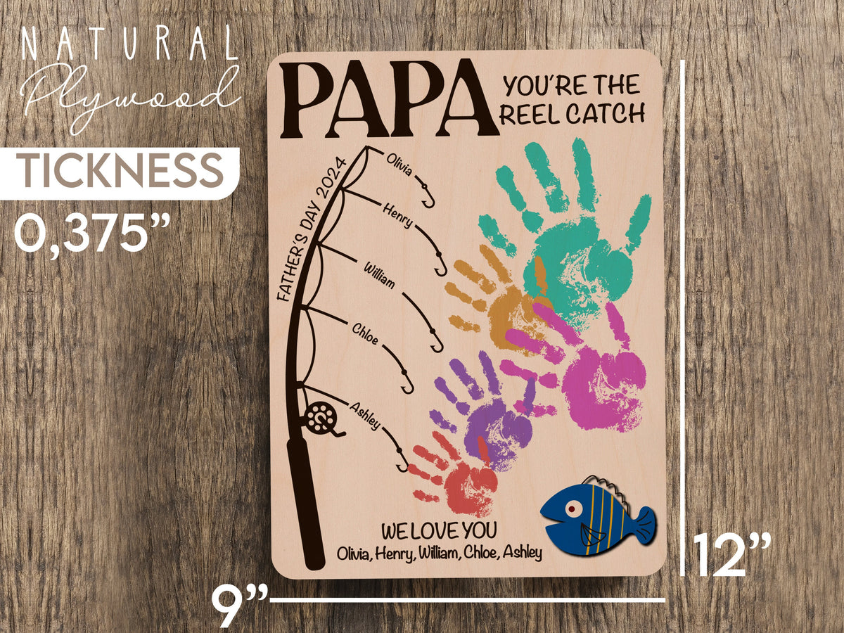 Personalized Fishing Handprint Sign for Dad, DIY Handprint Fishing Sign for Fathers Day, Customizable Fishing Sign with Grandkids Handprints
