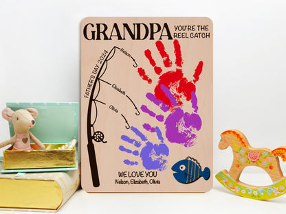 Personalized Fishing Handprint Sign for Dad, DIY Handprint Fishing Sign for Fathers Day, Customizable Fishing Sign with Grandkids Handprints