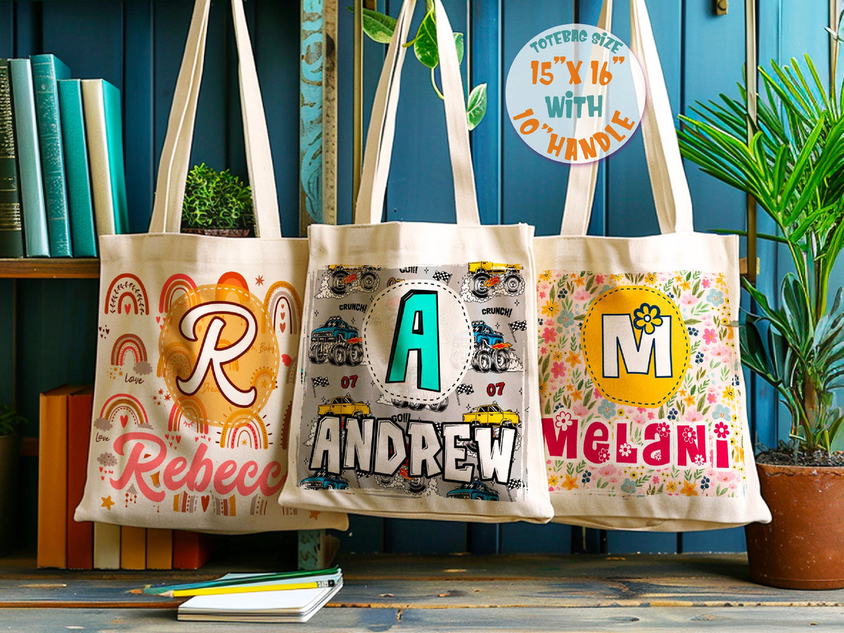 Kids Name Tote Bag, Library Bag for Kids Children Book Bag, Custom Back to School Bag, Personalized Kids School Tote With Rainbow Dinosaur