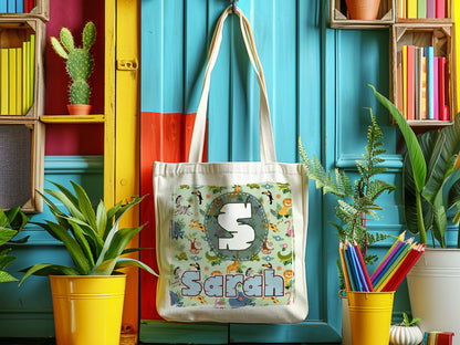 Kids Name Tote Bag, Library Bag for Kids Children Book Bag, Custom Back to School Bag, Personalized Kids School Tote With Rainbow Dinosaur