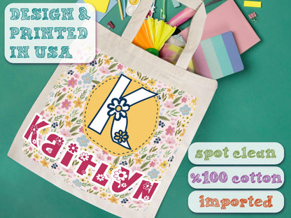 Kids Name Tote Bag, Library Bag for Kids Children Book Bag, Custom Back to School Bag, Personalized Kids School Tote With Rainbow Dinosaur