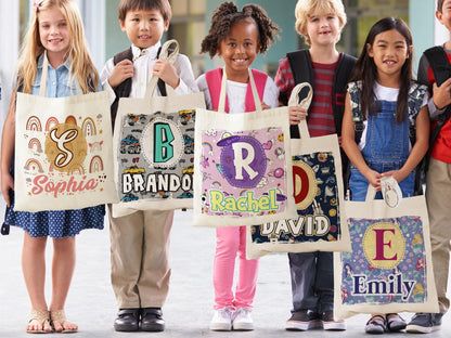 Kids Name Tote Bag, Library Bag for Kids Children Book Bag, Custom Back to School Bag, Personalized Kids School Tote With Rainbow Dinosaur