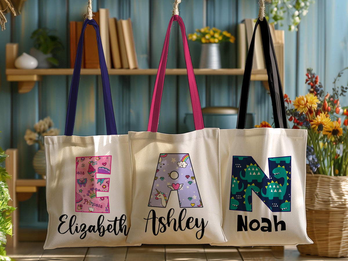 Personalized Kids Name Tote Bag Library Tote for Kids Children Book Bag Custom Stationery Canvas Bag Kids School Tote With Rainbow Dinosaur