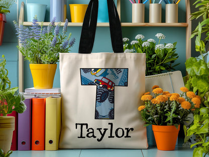 Personalized Kids Name Tote Bag Library Tote for Kids Children Book Bag Custom Stationery Canvas Bag Kids School Tote With Rainbow Dinosaur