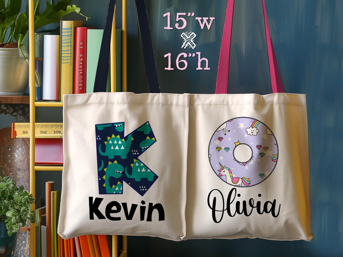 Personalized Kids Name Tote Bag Library Tote for Kids Children Book Bag Custom Stationery Canvas Bag Kids School Tote With Rainbow Dinosaur