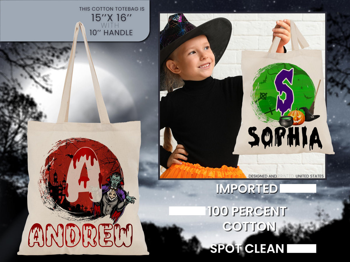 Personalized Halloween Tote Bag, Customized Pumpkin Witch Black Cat Castle Skeleton Ghost Canvas Tote Bag for Trick or Treat Goodie Gift Bag