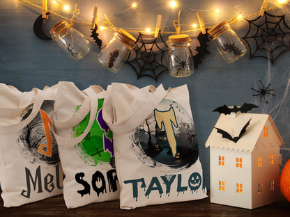 Personalized Halloween Tote Bag, Customized Pumpkin Witch Black Cat Castle Skeleton Ghost Canvas Tote Bag for Trick or Treat Goodie Gift Bag
