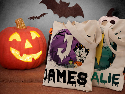Personalized Halloween Tote Bag, Customized Pumpkin Witch Black Cat Castle Skeleton Ghost Canvas Tote Bag for Trick or Treat Goodie Gift Bag