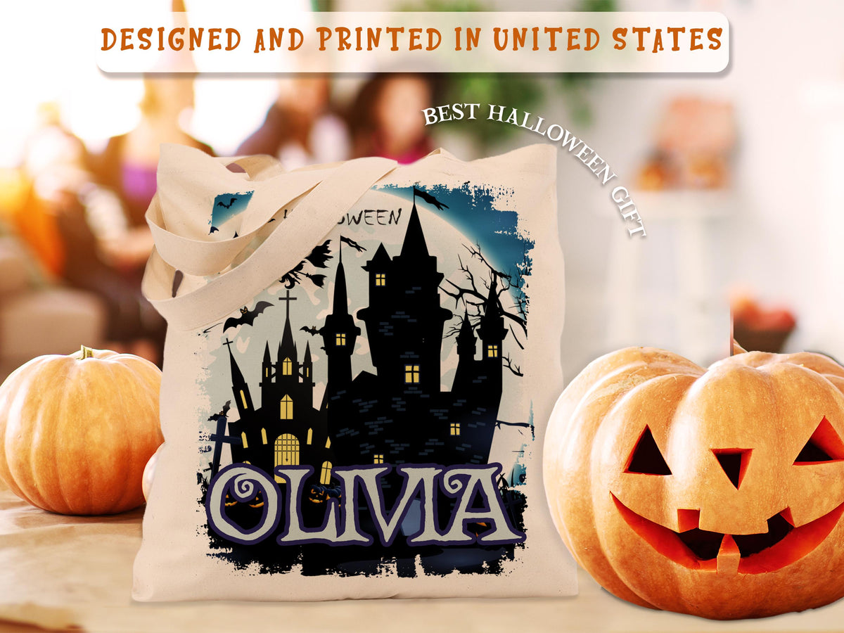 Personalized Halloween Trick or Treat Bag: Witch, Cat, Castle Design