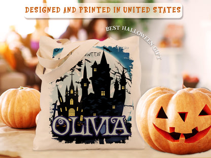 Personalized Halloween Trick or Treat Bag: Witch, Cat, Castle Design