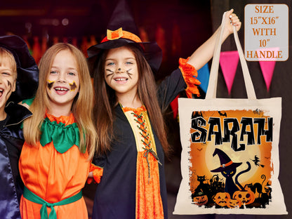Personalized Halloween Trick or Treat Bag: Witch, Cat, Castle Design