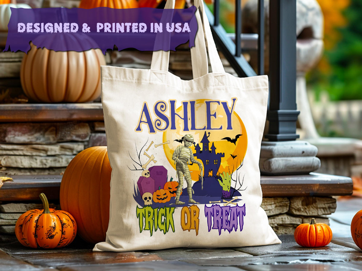 Personalized Halloween Tote Bag, Trick Or Treat Tote Bag, Halloween Bags for Kids Halloween Tote Bag for Gift, Candy Bags Halloween Basket