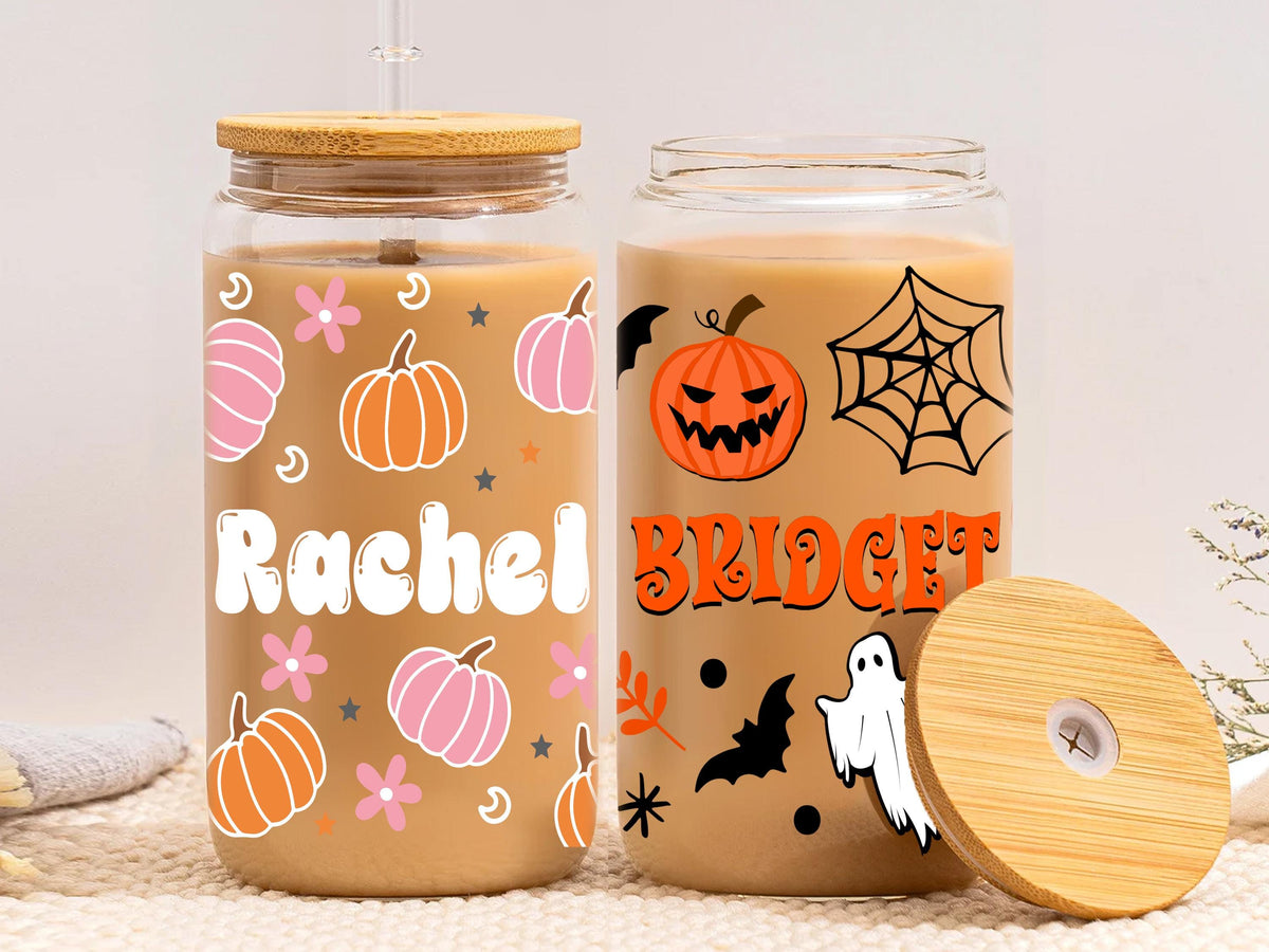 Funny Ghost Halloween Party Iced Coffee Cup, Custom Name Pumpkin Ghost Glass Can Coffee Cup Lid and Straw, Fall Coffee Mug, Halloween Gifts
