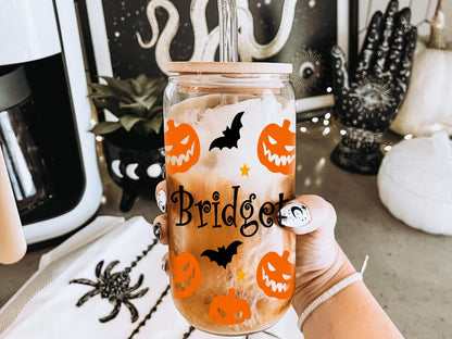 Funny Ghost Halloween Party Iced Coffee Cup, Custom Name Pumpkin Ghost Glass Can Coffee Cup Lid and Straw, Fall Coffee Mug, Halloween Gifts