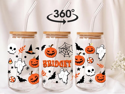 Funny Ghost Halloween Party Iced Coffee Cup, Custom Name Pumpkin Ghost Glass Can Coffee Cup Lid and Straw, Fall Coffee Mug, Halloween Gifts
