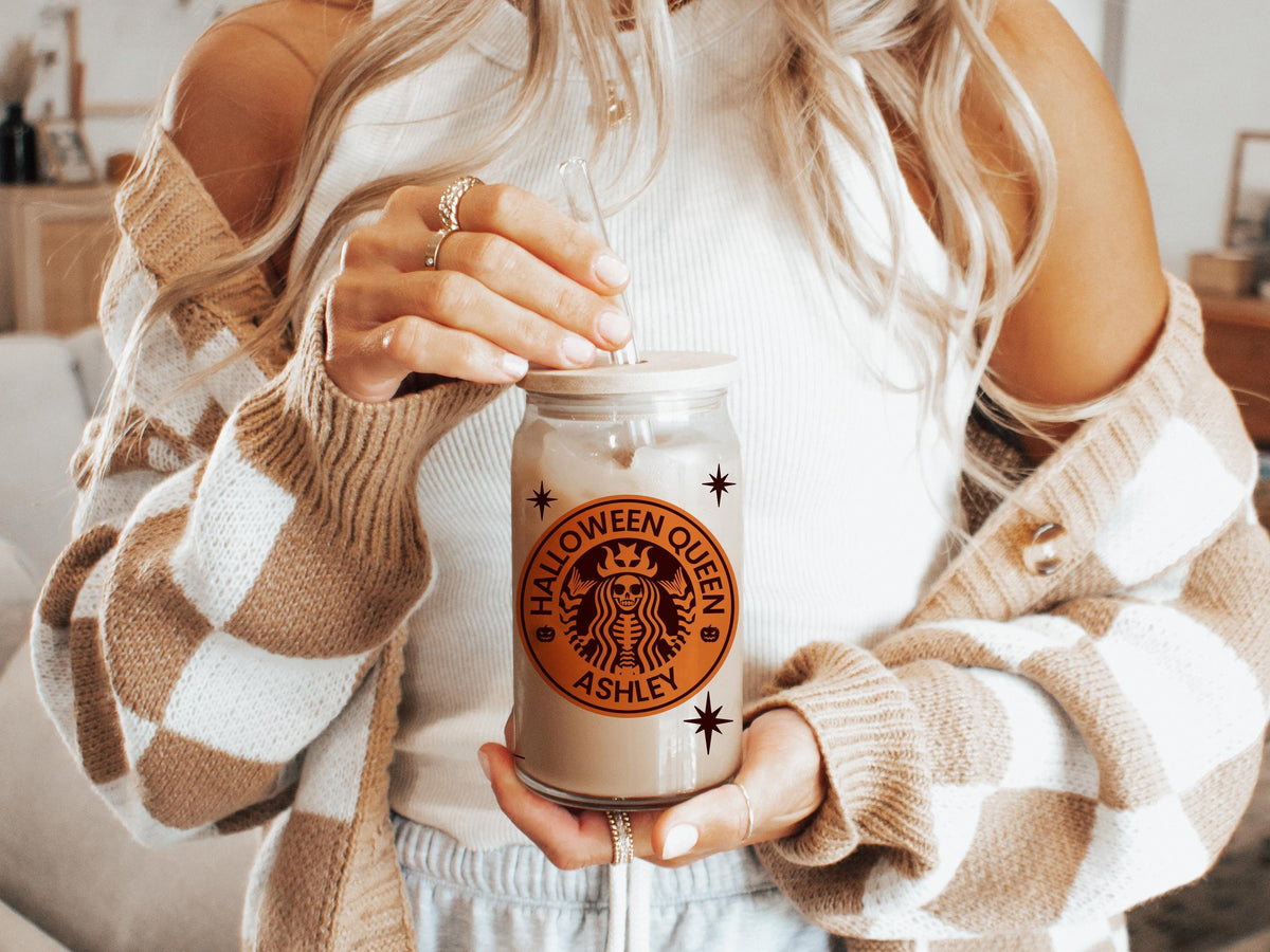 Funny Ghost Halloween Party Iced Coffee Cup, Custom Name Pumpkin Ghost Glass Can Coffee Cup Lid and Straw, Fall Coffee Mug, Halloween Gifts