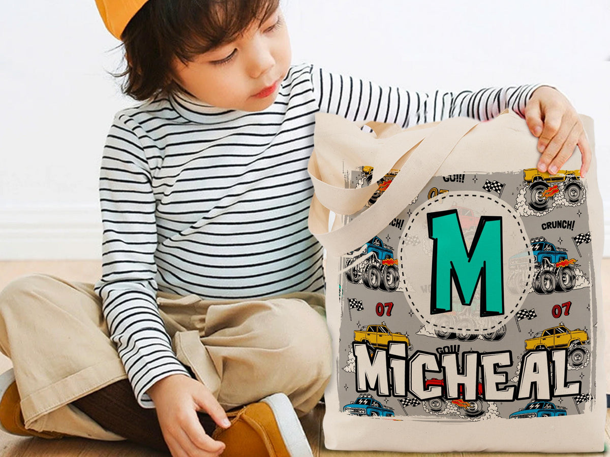Kids Name Tote Bag, Library Bag for Kids Children Book Bag, Custom Back to School Bag, Personalized Kids School Tote With Rainbow Dinosaur
