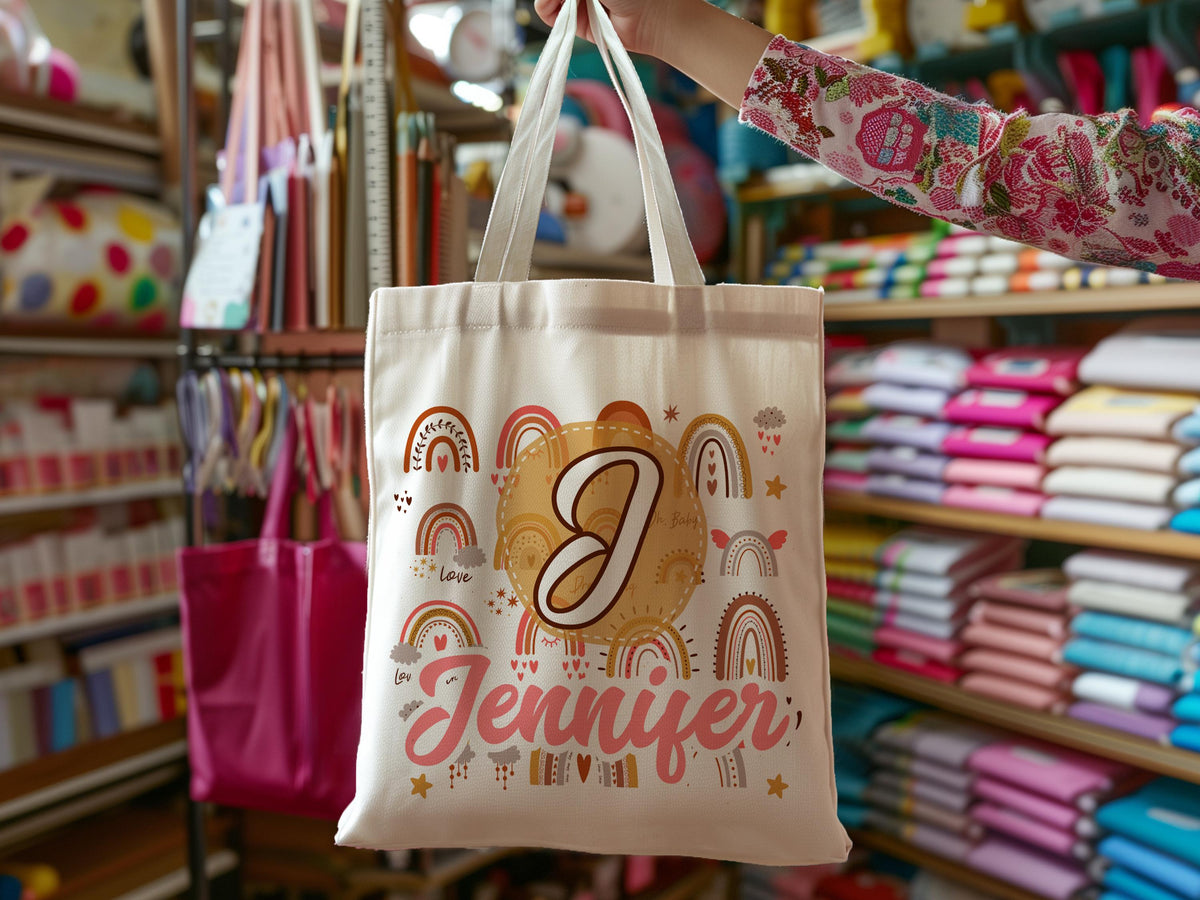 Kids Name Tote Bag, Library Bag for Kids Children Book Bag, Custom Back to School Bag, Personalized Kids School Tote With Rainbow Dinosaur