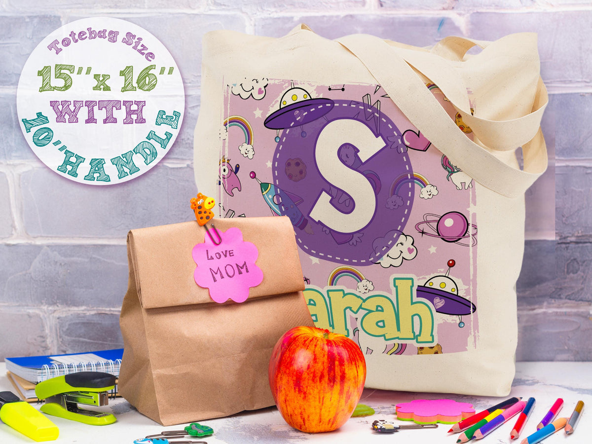 Kids Name Tote Bag, Library Bag for Kids Children Book Bag, Custom Back to School Bag, Personalized Kids School Tote With Rainbow Dinosaur