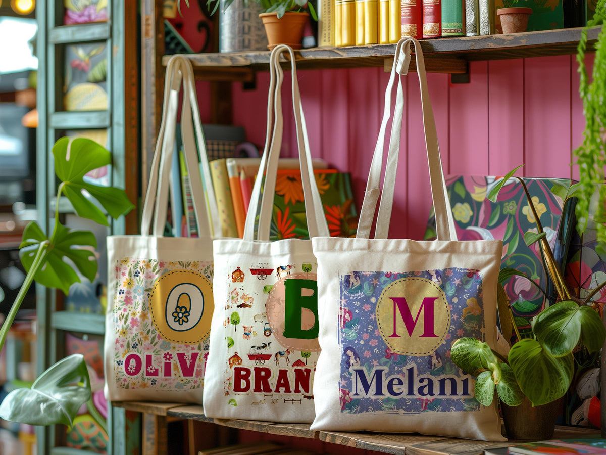 Kids Name Tote Bag, Library Bag for Kids Children Book Bag, Custom Back to School Bag, Personalized Kids School Tote With Rainbow Dinosaur