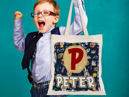 Kids Name Tote Bag, Library Bag for Kids Children Book Bag, Custom Back to School Bag, Personalized Kids School Tote With Rainbow Dinosaur