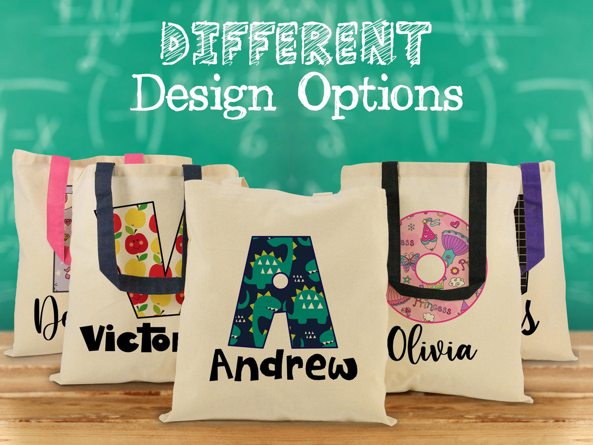 Personalized Kids Name Tote Bag Library Tote for Kids Children Book Bag Custom Stationery Canvas Bag Kids School Tote With Rainbow Dinosaur