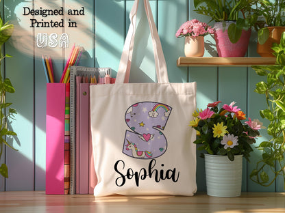 Personalized Kids Name Tote Bag Library Tote for Kids Children Book Bag Custom Stationery Canvas Bag Kids School Tote With Rainbow Dinosaur
